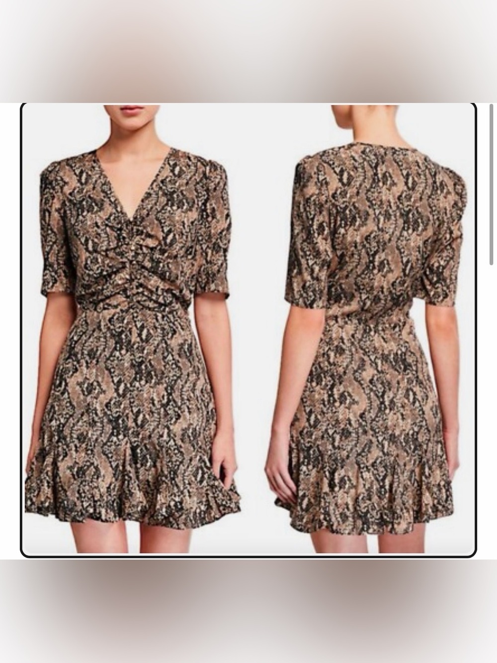 Veronica Beard 100% silk Brown Snake-Print V-Neck Ruffle Dress